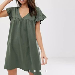 Mini reversible cotton slub smock dress - olive green